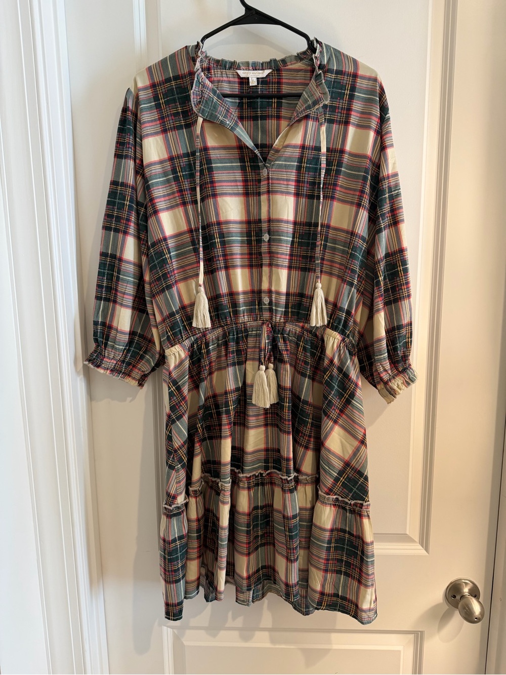 Simply Southern Plaid Tassel Dress - Cream, Green & Pink